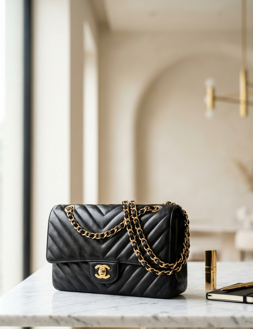 Elegante gesteppte Luxus-Handtasche auf Marmor